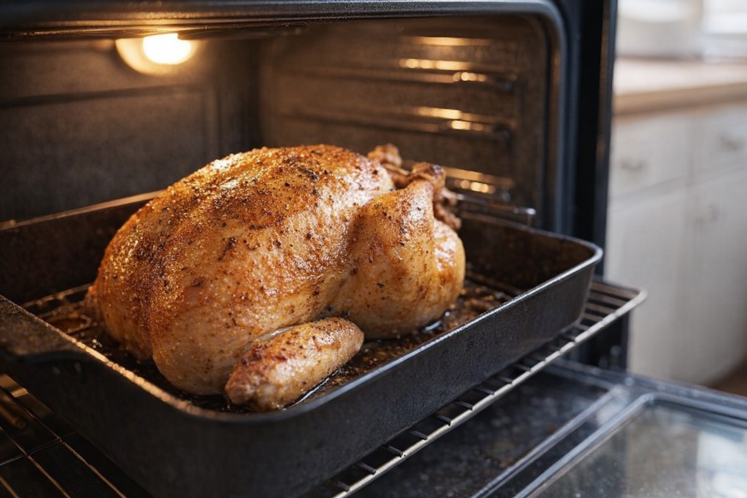An in-progress shot of a whole chicken roasting in the oven, golden brown skin developing, oven light on, roasting pan visible, medium shot